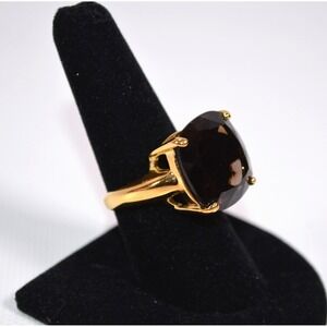 Seta Gold Tone Ring w/ Large Glass Brown Faceted Setting Size 8
